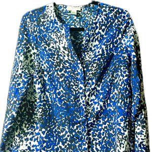 Kenar Blue Black White All Over Print Button Up Blouse Small